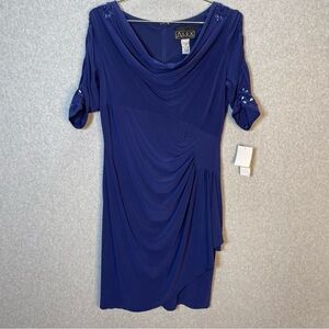 Alex Evenings Cowl Neck Blue Embellished Elegant Formal Draped Dress NWT